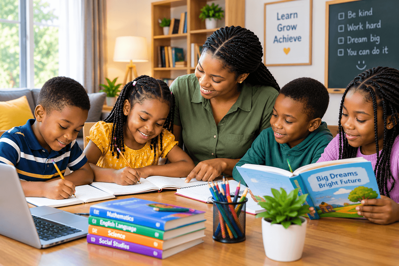 A tutor guiding four children through a group lesson, with Mathematics, English, Science and Social Studies textbooks on the table.