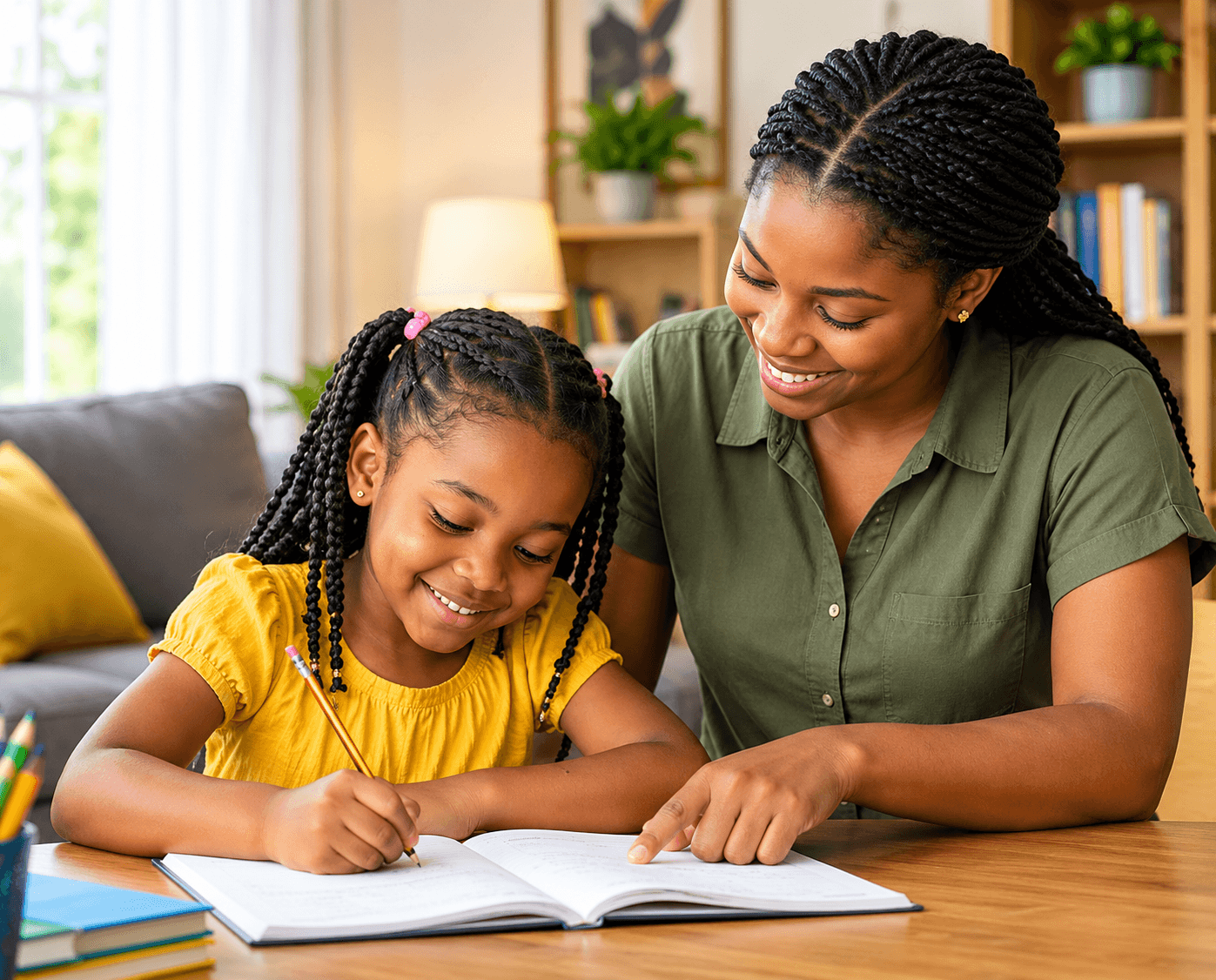 A mother helping her daughter with homework at home, both smiling over an open notebook.
