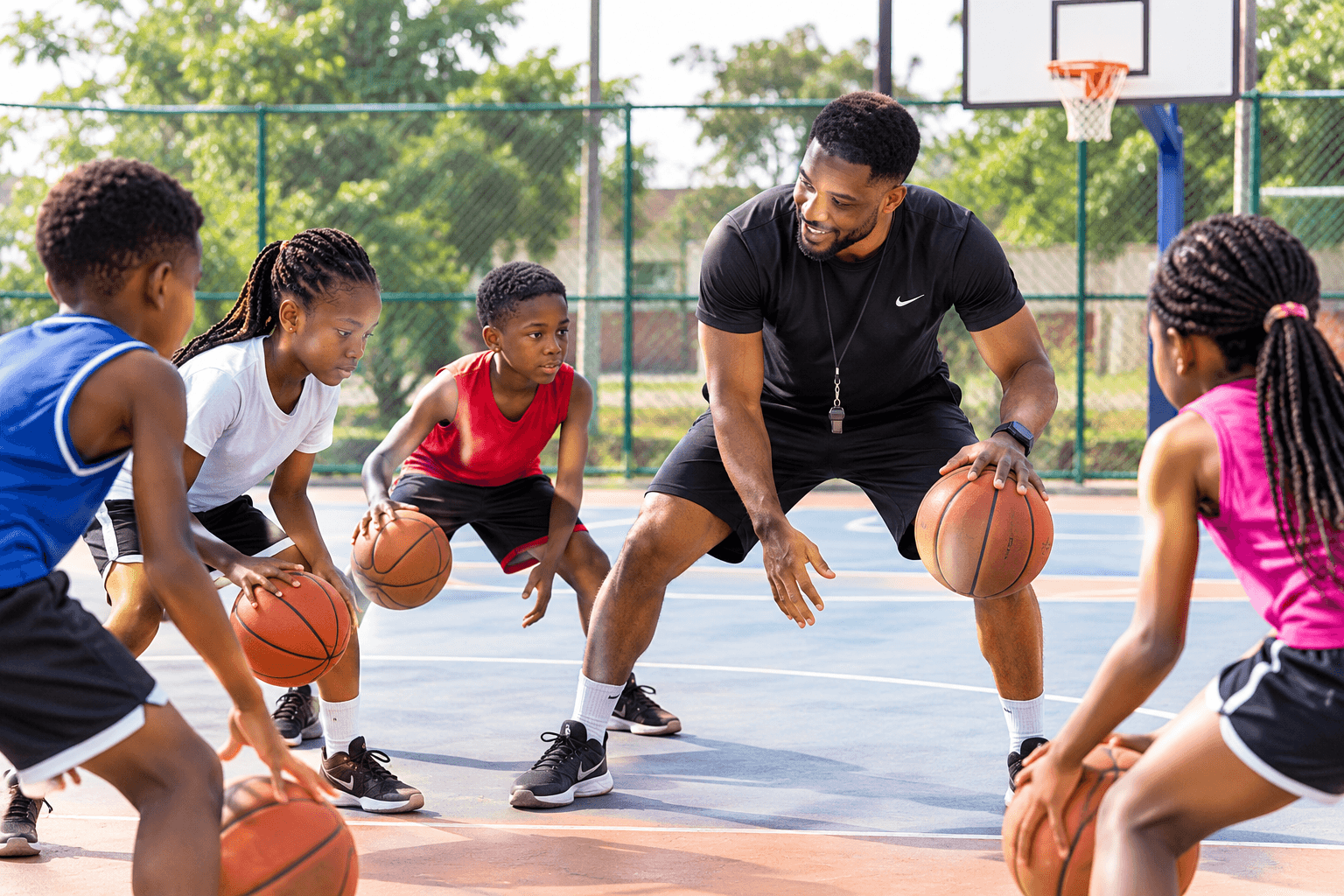 A coach running a basketball drill with five children on an outdoor court.